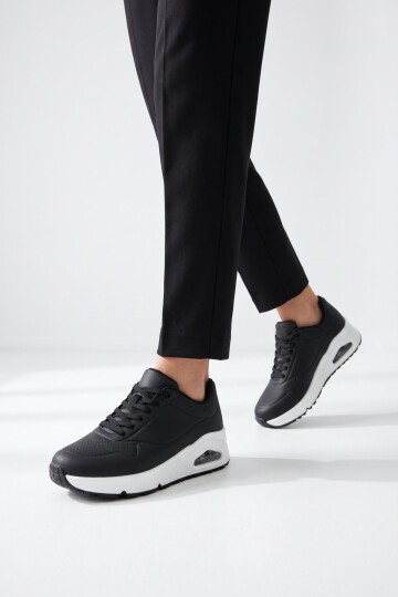 Bağcıklı Kalın Tabanlı Siyah-Beyaz Unisex Yürüyüş ve Spor Ayakkabı Sneaker 5101