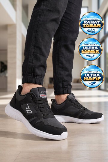 Bağcıklı Cilt Siyah-Beyaz Hafif Rahat Taban Esnek Unisex Yürüyüş ve Spor Ayakkabı Sneaker Core 020