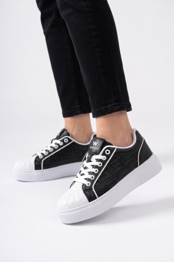 Erkek Bağcıklı Kalın Taban Spor Ayakkabı Siyah-Beyaz Şık Rahat Casual Ayakkabı Sneaker 26201
