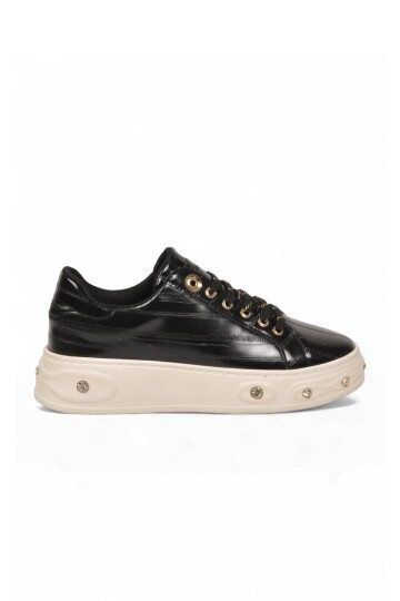 Kadın Bağcıklı Şık Rahat Sneaker Siyah Cilt Kalın Taban Casual Yürüyüş Ayakkabı 431179
