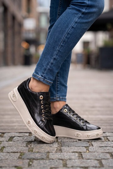 Kadın Bağcıklı Şık Rahat Sneaker Siyah Cilt Kalın Taban Casual Yürüyüş Ayakkabı 431179