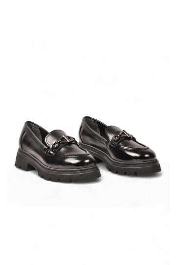Kadın Toka Detaylı Loafer Siyah Cilt Kalın Rahat Taban Şık Casual Ayakkabı 572508