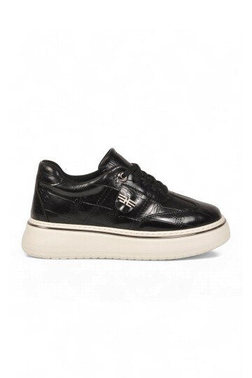 Kadın Bağcıklı Sneaker Siyah Cilt Kalın Rahat Taban Casual Yürüyüş Ayakkabı 231176
