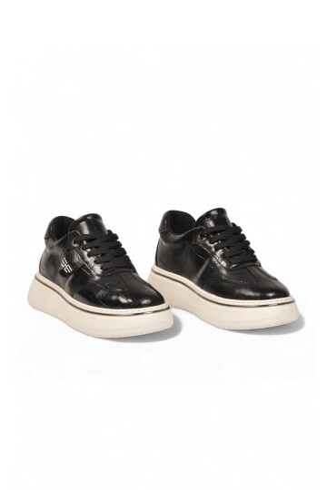 Kadın Bağcıklı Sneaker Siyah Cilt Kalın Rahat Taban Casual Yürüyüş Ayakkabı 231176