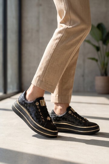 Kadın Siyah Cilt Bağcıklı Sneaker Kadın Şık Rahat Casual Yürüyüş Ayakkabı 431173
