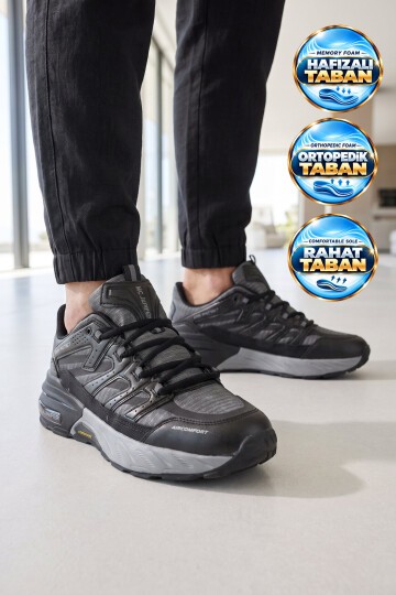 Rahat Ortopedik Taban Bağcıklı Siyah-Füme Erkek Yürüyüş ve Spor Ayakkabı Sneaker 2427