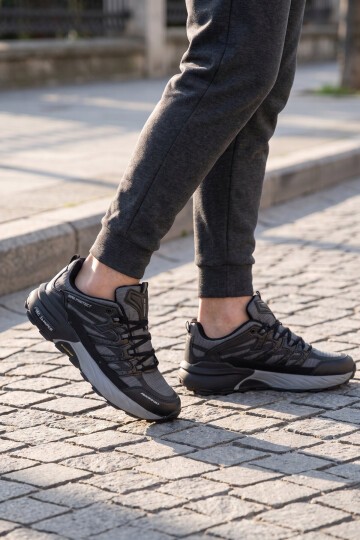 Rahat Ortopedik Taban Bağcıklı Siyah-Füme Erkek Yürüyüş ve Spor Ayakkabı Sneaker 2427