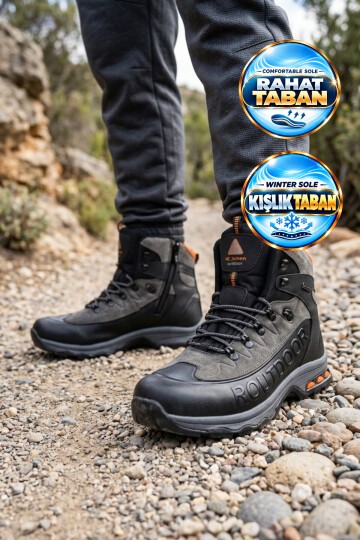 Erkek Bağcıklı Kaymaz Tabanlı Siyah-Füme Outdoor Trekking Bot 2115