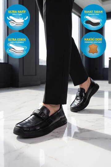 Erkek Şık Rahat Hafif Siyah Hakiki Deri Makosen Casual Loafer Ayakkabı 26K590-2