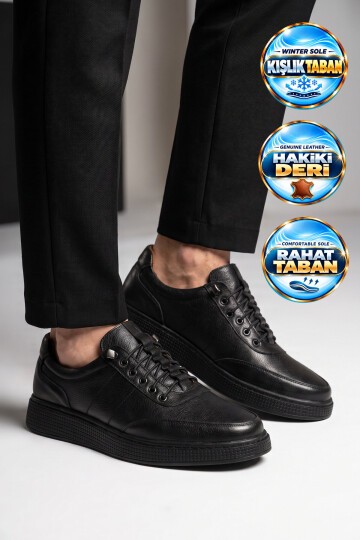 Erkek Lastik Bağcıklı Kauçuk Tabanlı Siyah Hakiki Deri Casual Sneaker Ayakkabı 728