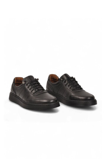 Erkek Lastik Bağcıklı Kauçuk Tabanlı Siyah Hakiki Deri Casual Sneaker Ayakkabı 728
