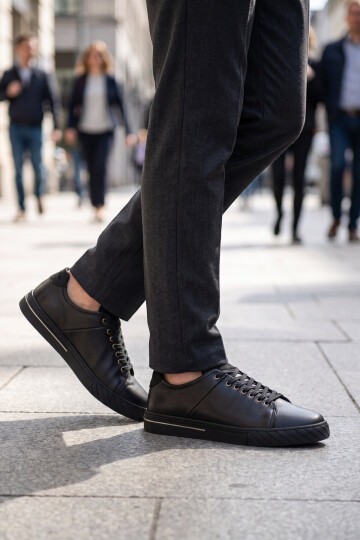 Erkek Bağcıklı Rahat Taban Siyah Hakiki Deri Erkek Casual Sneaker Ayakkabı 165