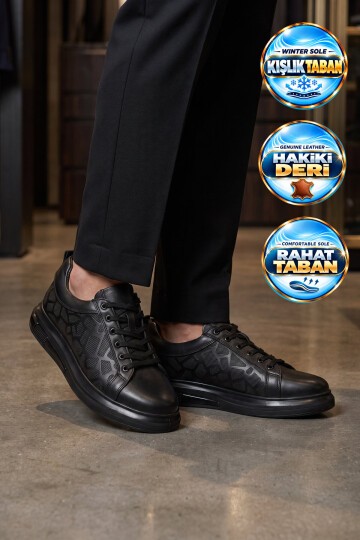 Erkek Bağcıklı Kalın Rahat Tabanlı Şık Siyah Hakiki Deri Casual Sneaker Ayakkabı 2592