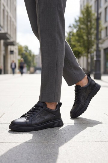 Erkek Bağcıklı Kalın Rahat Tabanlı Şık Siyah Hakiki Deri Casual Sneaker Ayakkabı 2592
