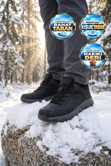 Erkek Bağcıklı Kaymaz Tabanlı Su İtici Siyah Hakiki Deri Outdoor Trekking Ayakkabı 2672