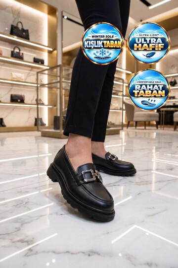 Siyah Kalın Rahat Tabanlı Toka Detaylı Kadın Günlük Ayakkabı Loafer 510