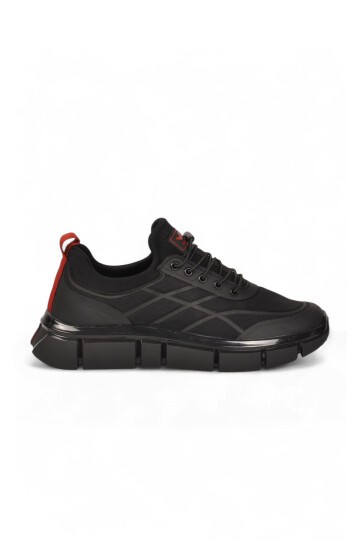 Erkek Lastik Bağcıklı Kalın Rahat Konfor Taban Siyah-Kırmızı Yürüyüş ve Spor Ayakkabı Sneaker Stride