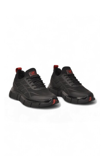Erkek Lastik Bağcıklı Kalın Rahat Konfor Taban Siyah-Kırmızı Yürüyüş ve Spor Ayakkabı Sneaker Stride
