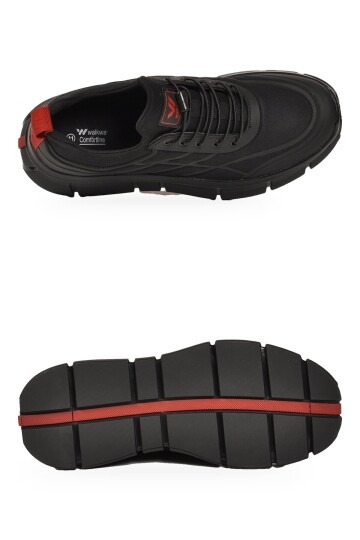 Erkek Lastik Bağcıklı Kalın Rahat Konfor Taban Siyah-Kırmızı Yürüyüş ve Spor Ayakkabı Sneaker Stride