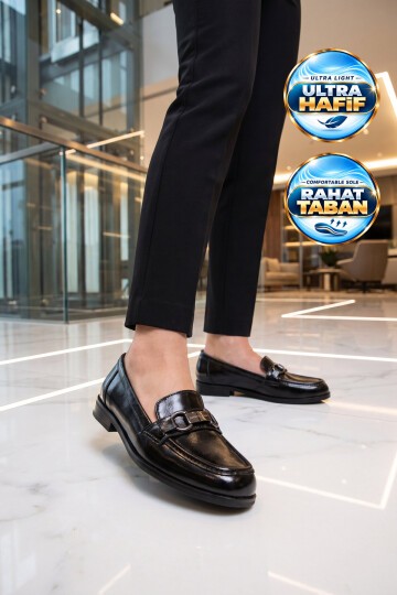 Kadın Toka Detaylı Şık Rahat Siyah Parlak Kadın Klasik Casual Ayakkabı Loafer PC-56058