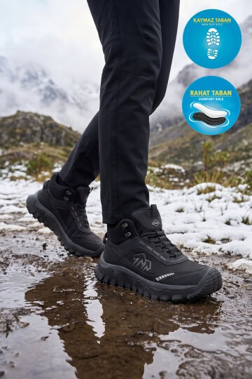 Erkek Bağcıklı Kalın Kauçuk Taban Siyah Outdoor Trekking Bot 26K513