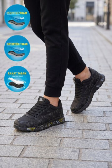Erkek Ortopedik Rahat Taban Bağcıklı Siyah Erkek Yürüyüş ve Spor Ayakkabı Sneaker 2444 (Cilt)