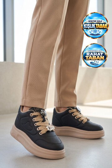 Aksesuar Bağcıklı Kalın Rahat Taban Bot Kadın Siyah Şık Sneaker Bot 26K421