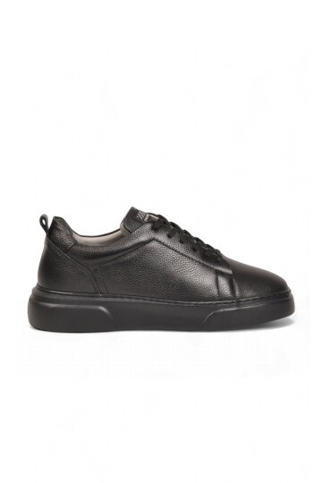 Erkek Bağcıklı Kalın Rahat Tabanlı Siyah Hakiki Deri Casual Sneaker Ayakkabı 272303
