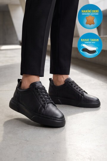 Erkek Bağcıklı Kalın Rahat Tabanlı Siyah Hakiki Deri Casual Sneaker Ayakkabı 272303