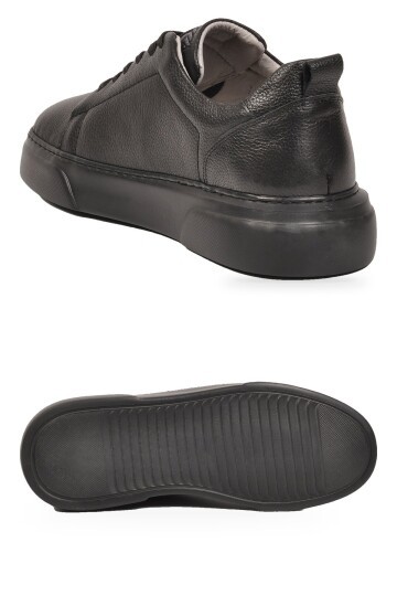Erkek Bağcıklı Kalın Rahat Tabanlı Siyah Hakiki Deri Casual Sneaker Ayakkabı 272303