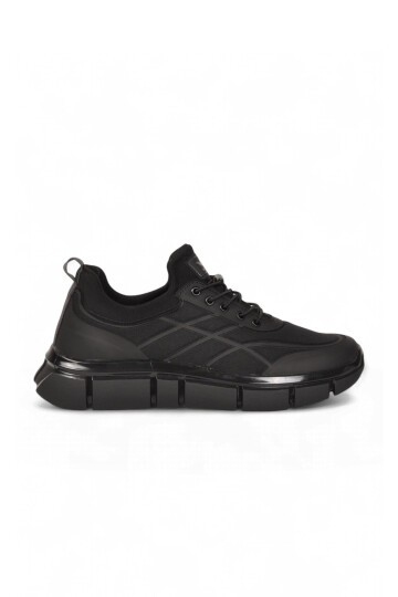 Erkek Lastik Bağcıklı Kalın Rahat Konfor Taban Siyah Yürüyüş ve Spor Ayakkabı Sneaker Stride