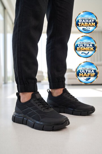 Erkek Lastik Bağcıklı Kalın Rahat Konfor Taban Siyah Yürüyüş ve Spor Ayakkabı Sneaker Stride