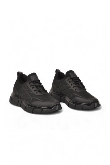 Erkek Lastik Bağcıklı Kalın Rahat Konfor Taban Siyah Yürüyüş ve Spor Ayakkabı Sneaker Stride