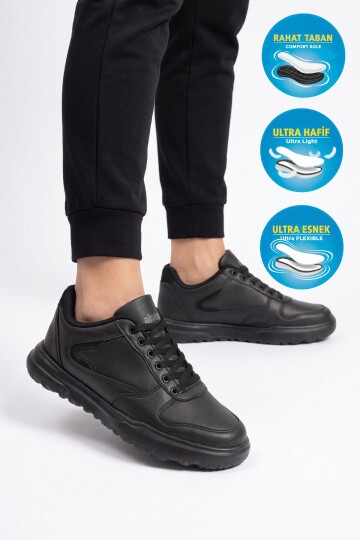 Erkek Bağcıklı Hafif Rahat Taban Siyah Casual Yürüyüş Ayakkabı Sneaker 2297 Cilt