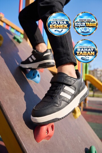 Cırt Bantlı Kalın Rahat Taban Siyah Unisex Çocuk Yürüyüş ve Spor Ayakkabı Sneaker Foor