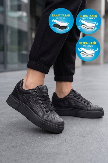 Erkek Bağcıklı Kalın Taban Spor Ayakkabı Siyah Şık Rahat Casual Ayakkabı Sneaker 26201