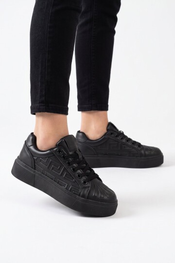 Erkek Bağcıklı Kalın Taban Spor Ayakkabı Siyah Şık Rahat Casual Ayakkabı Sneaker 26201