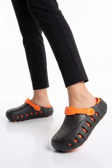 Eva Hafif Rahat Yumuşak Siyah-Turuncu Unisex Önü Kapalı Sabo Erkek Terlik 2504