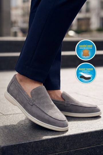 Hafif Rahat Şık Espadril Açık Gri Hakiki Deri Erkek Casual Loafer Ayakkabı 6K020-217