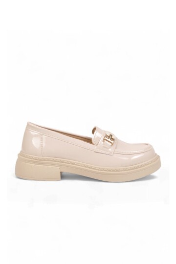 Toka Detaylı Kalın Tabanlı Şık Rahat Bej Rugan Kadın Casual Ayakkabı Loafer 1805