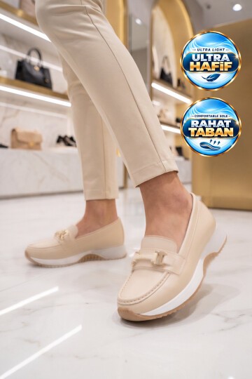 Toka Detaylı Kalın Tabanlı Şık Rahat Bej Kadın Casual Ayakkabı Loafer 067 26K