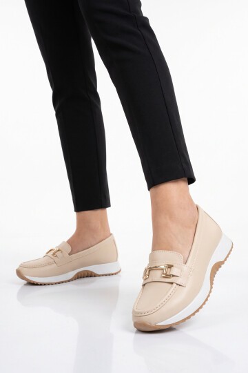 Toka Detaylı Kalın Tabanlı Şık Rahat Bej Kadın Casual Ayakkabı Loafer 067 26K