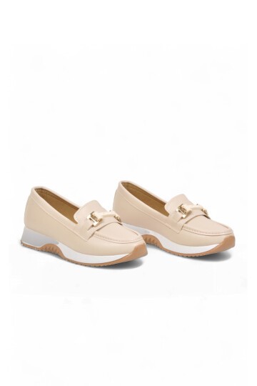 Toka Detaylı Kalın Tabanlı Şık Rahat Bej Kadın Casual Ayakkabı Loafer 067 26K