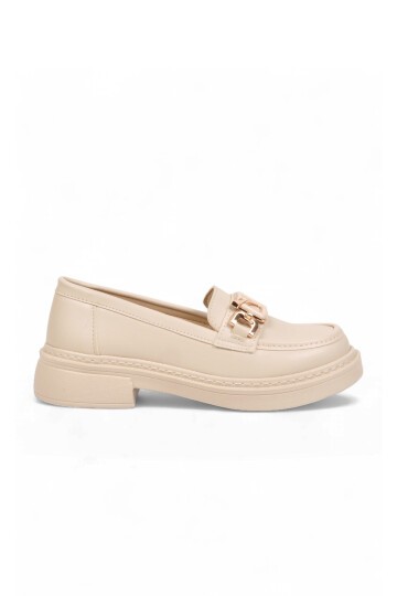 Toka Detaylı Kalın Tabanlı Şık Rahat Bej Kadın Casual Ayakkabı Loafer 1837