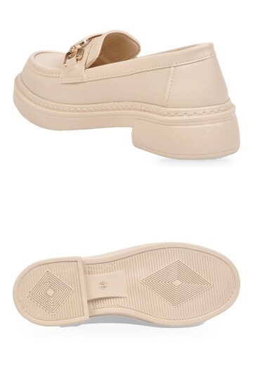 Toka Detaylı Kalın Tabanlı Şık Rahat Bej Kadın Casual Ayakkabı Loafer 1837