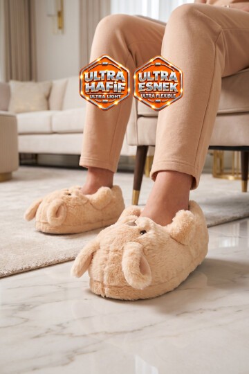 Ayıcık Desenli Bej Unisex Ev Terliği Sıcak Tutan Ev Pandufu H025.Z.0001