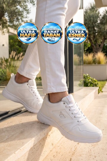 Erkek Beyaz Büyük Numara Bağcıklı Hafif Esnek Yürüyüş ve Spor Ayakkabı Sneaker Core 020