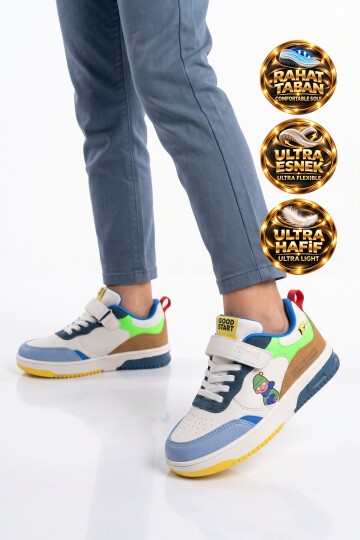 Beyaz-Kahve Erkek Çocuk Yürüyüş ve Spor Ayakkabı Cırt Bantlı Kalın Rahat Taban Sneaker Star 26K