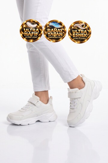 Beyaz Unisex Çocuk Yürüyüş ve Spor Ayakkabı Cırtt Bantlı Kalın Taban Sneaker Kornos