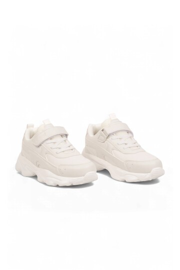 Beyaz Unisex Çocuk Yürüyüş ve Spor Ayakkabı Cırtt Bantlı Kalın Taban Sneaker Kornos